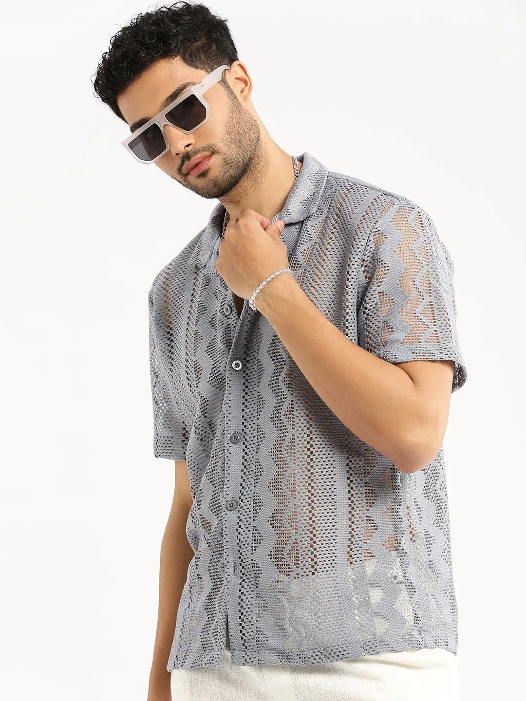 Men's Grey Comfort Geometric Printed Cuban Collar Sheer Cotton Crochet Shirt