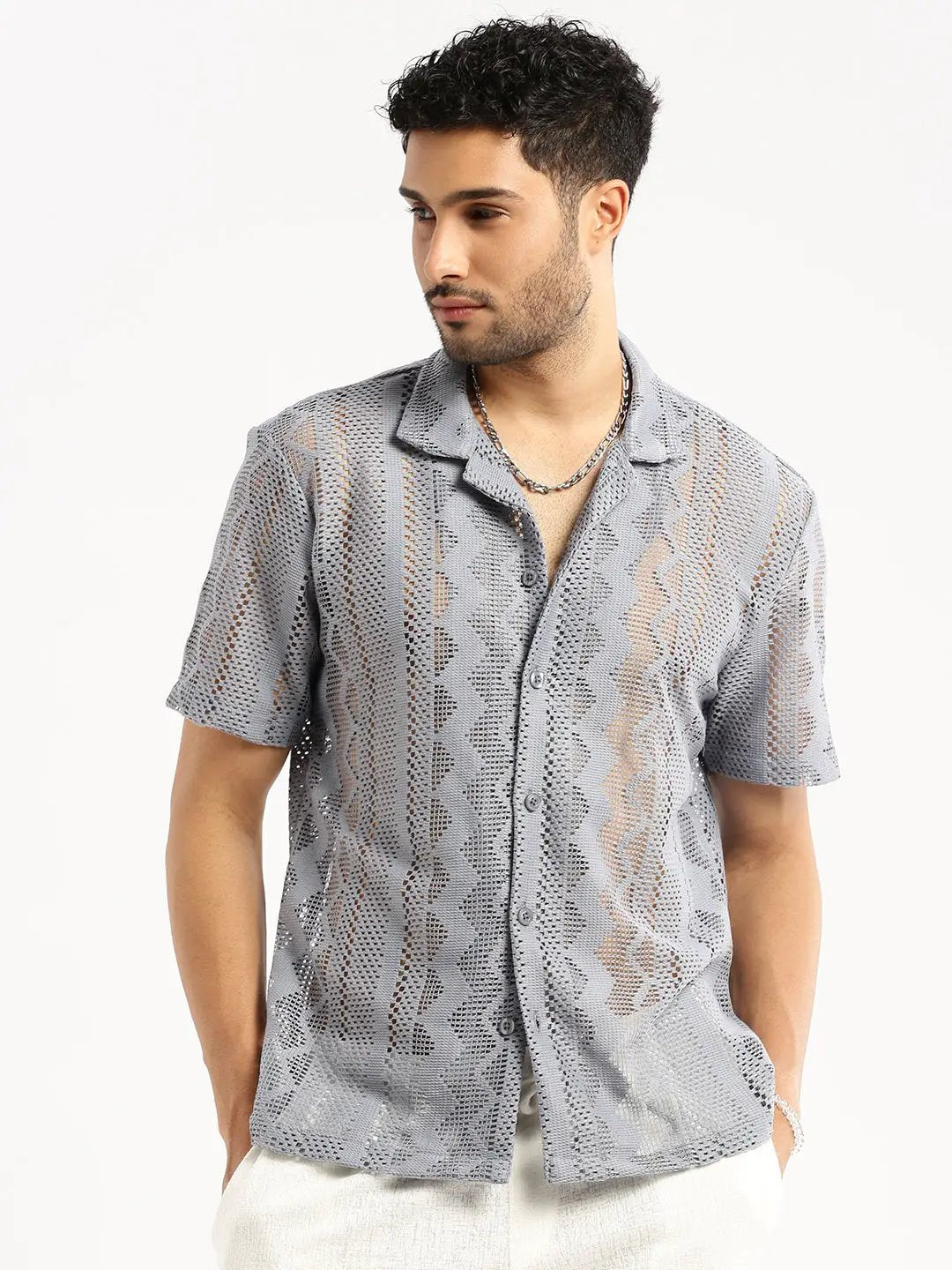Men's Grey Comfort Geometric Printed Cuban Collar Sheer Cotton Crochet Shirt