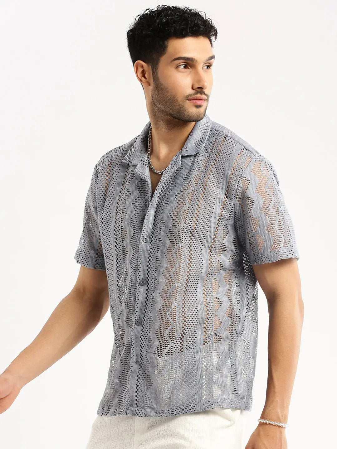Men's Grey Comfort Geometric Printed Cuban Collar Sheer Cotton Crochet Shirt