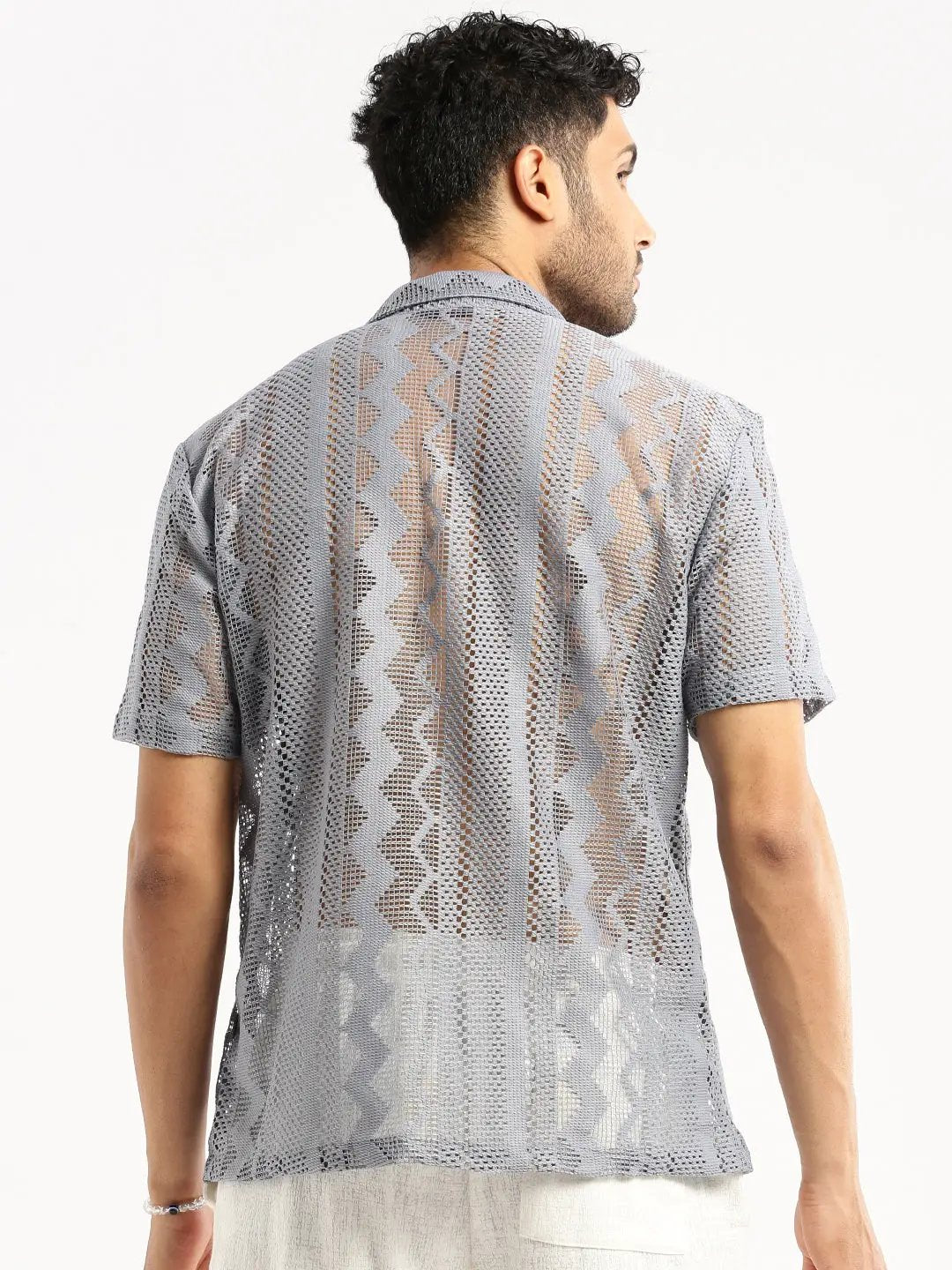 Men's Grey Comfort Geometric Printed Cuban Collar Sheer Cotton Crochet Shirt