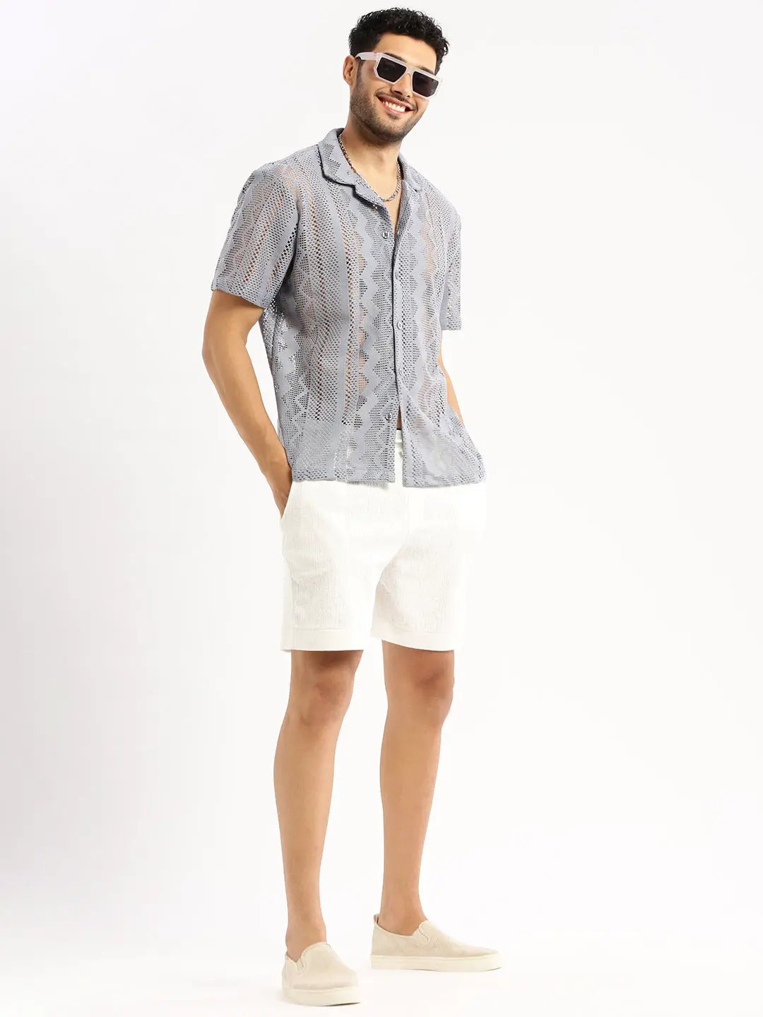 Men's Grey Comfort Geometric Printed Cuban Collar Sheer Cotton Crochet Shirt