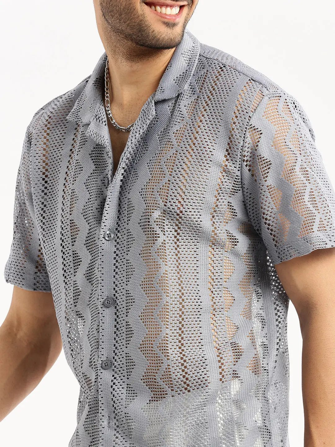 Men's Grey Comfort Geometric Printed Cuban Collar Sheer Cotton Crochet Shirt