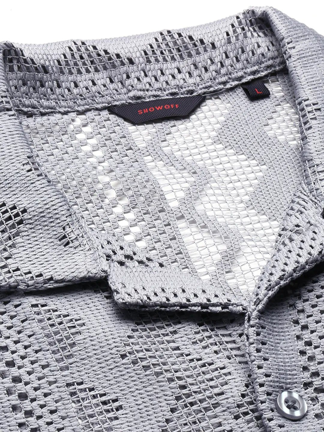 Men's Grey Comfort Geometric Printed Cuban Collar Sheer Cotton Crochet Shirt