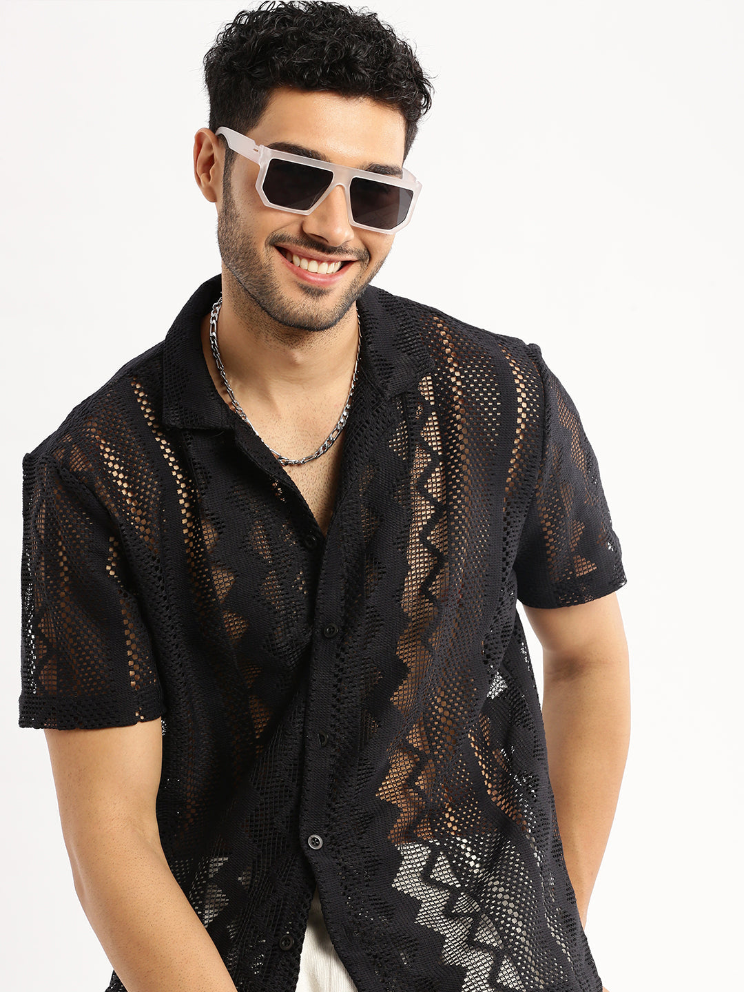 Men's Black Comfort Geometric Self Designed Cuban Collar Relaxed Fit Sheer Cotton Crochet Shirt
