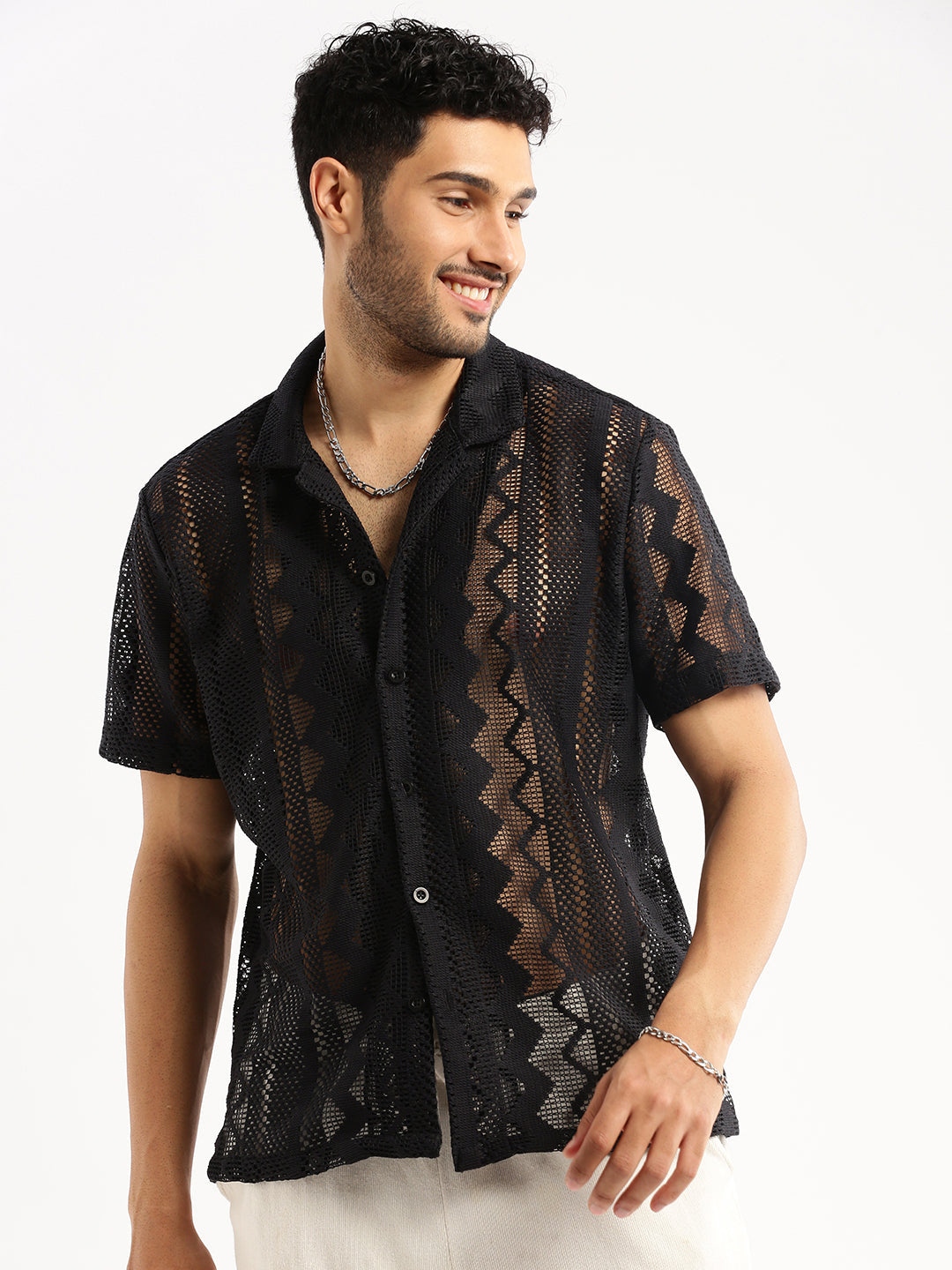 Men's Black Comfort Geometric Self Designed Cuban Collar Relaxed Fit Sheer Cotton Crochet Shirt