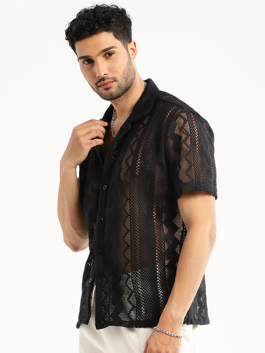 Men's Black Comfort Geometric Self Designed Cuban Collar Relaxed Fit Sheer Cotton Crochet Shirt