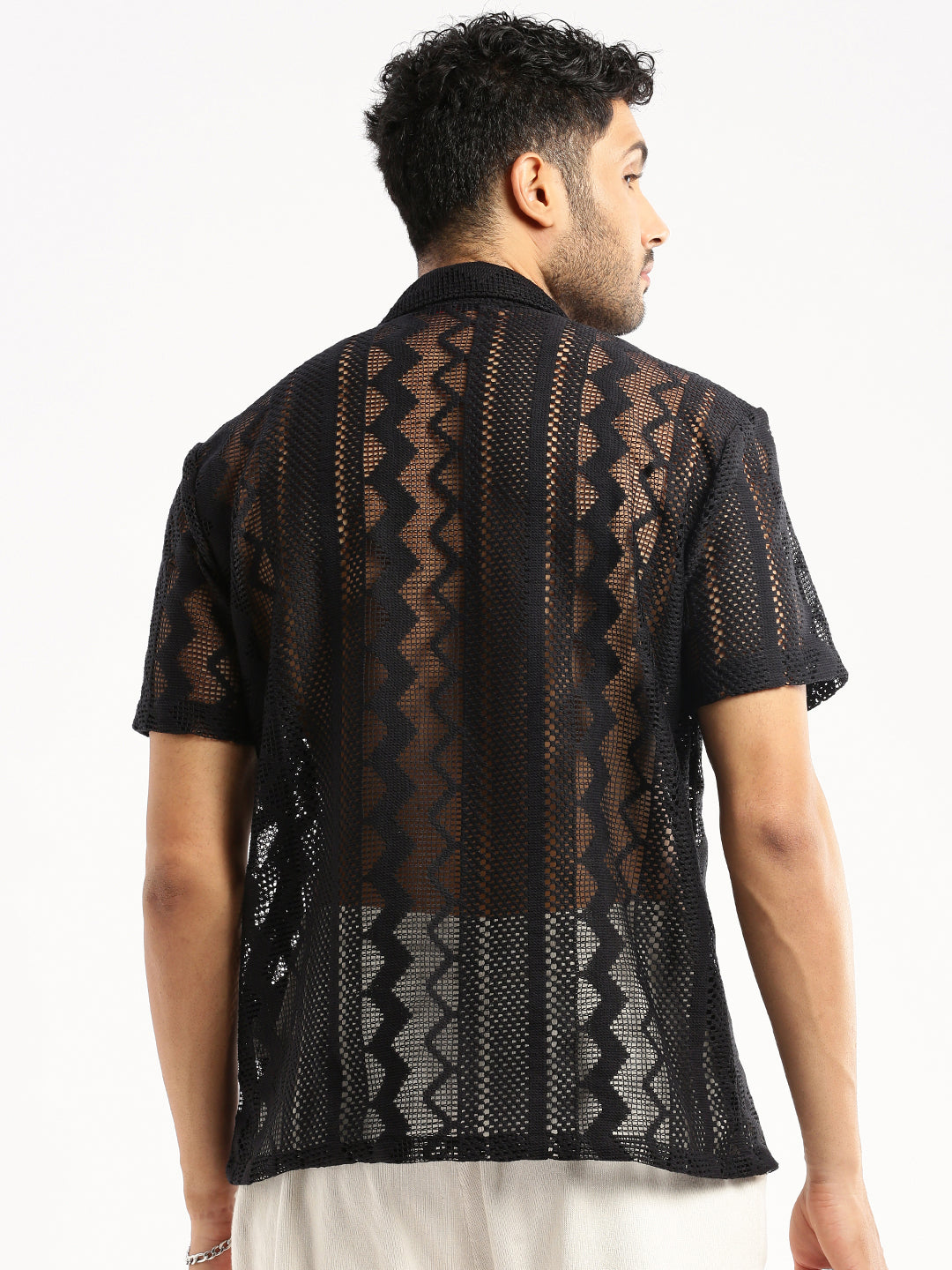 Men's Black Comfort Geometric Self Designed Cuban Collar Relaxed Fit Sheer Cotton Crochet Shirt