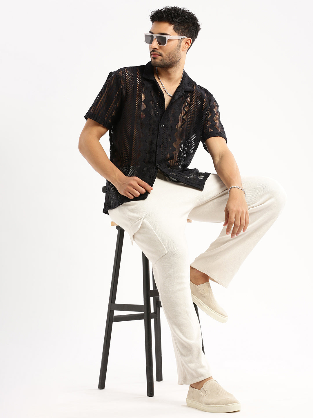 Men's Black Comfort Geometric Self Designed Cuban Collar Relaxed Fit Sheer Cotton Crochet Shirt