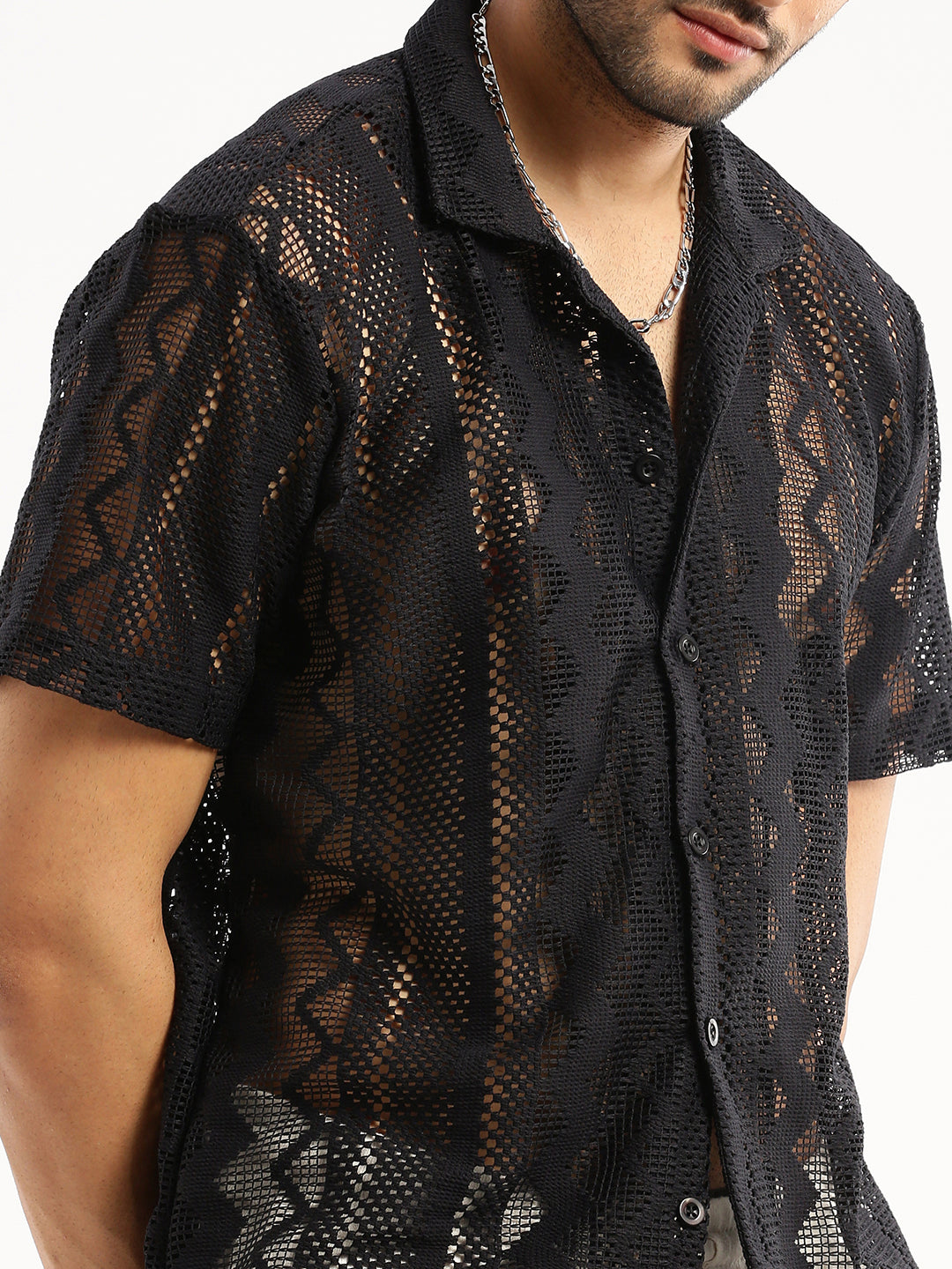 Men's Black Comfort Geometric Self Designed Cuban Collar Relaxed Fit Sheer Cotton Crochet Shirt