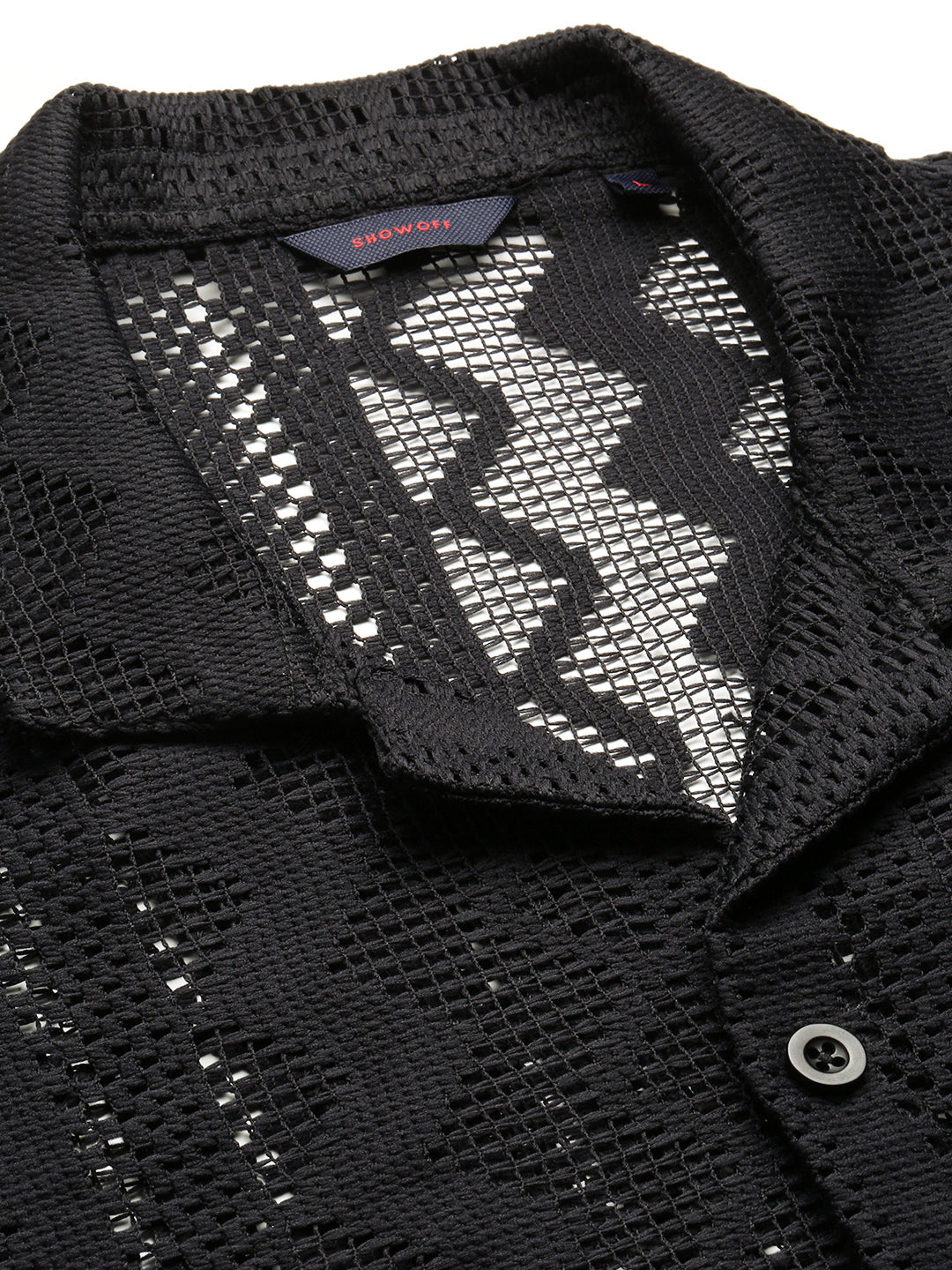 Men's Black Comfort Geometric Self Designed Cuban Collar Relaxed Fit Sheer Cotton Crochet Shirt