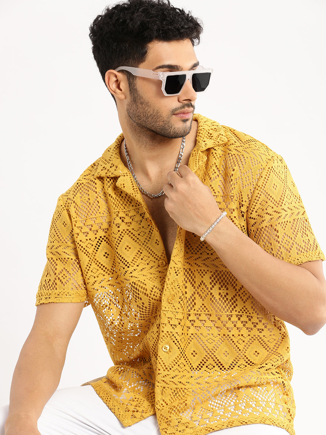Men's Mustard Cuban Collar Relaxed Fit Sheer Cotton Crochet Shirt