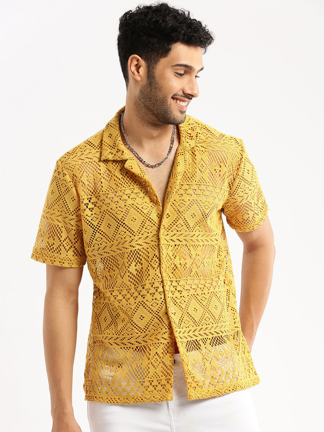 Men's Mustard Cuban Collar Relaxed Fit Sheer Cotton Crochet Shirt