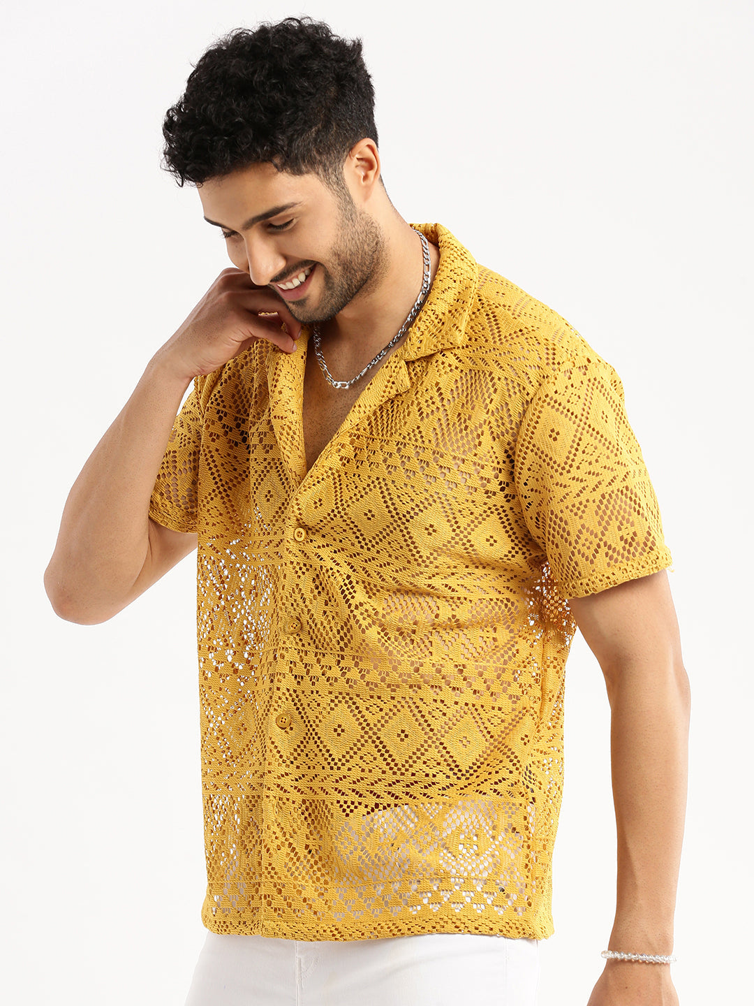 Men's Mustard Cuban Collar Relaxed Fit Sheer Cotton Crochet Shirt