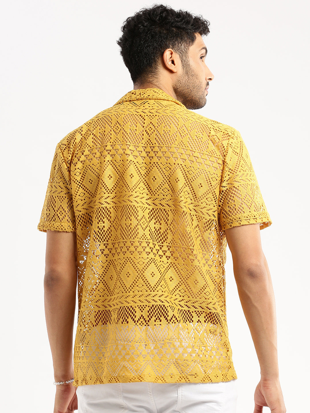 Men's Mustard Cuban Collar Relaxed Fit Sheer Cotton Crochet Shirt