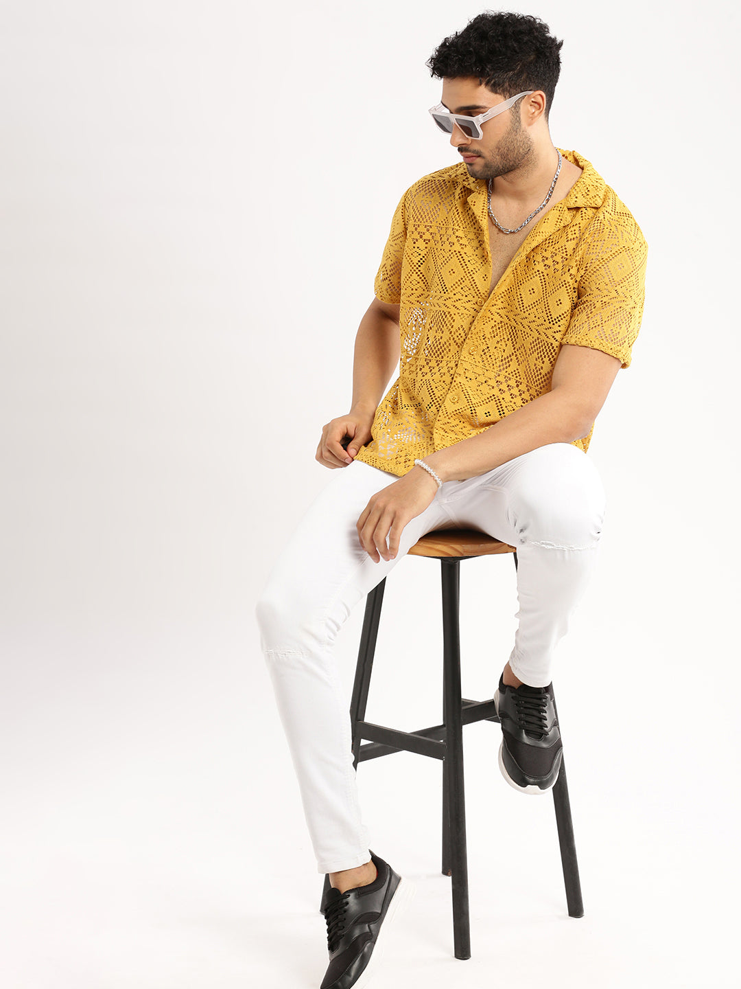 Men's Mustard Cuban Collar Relaxed Fit Sheer Cotton Crochet Shirt