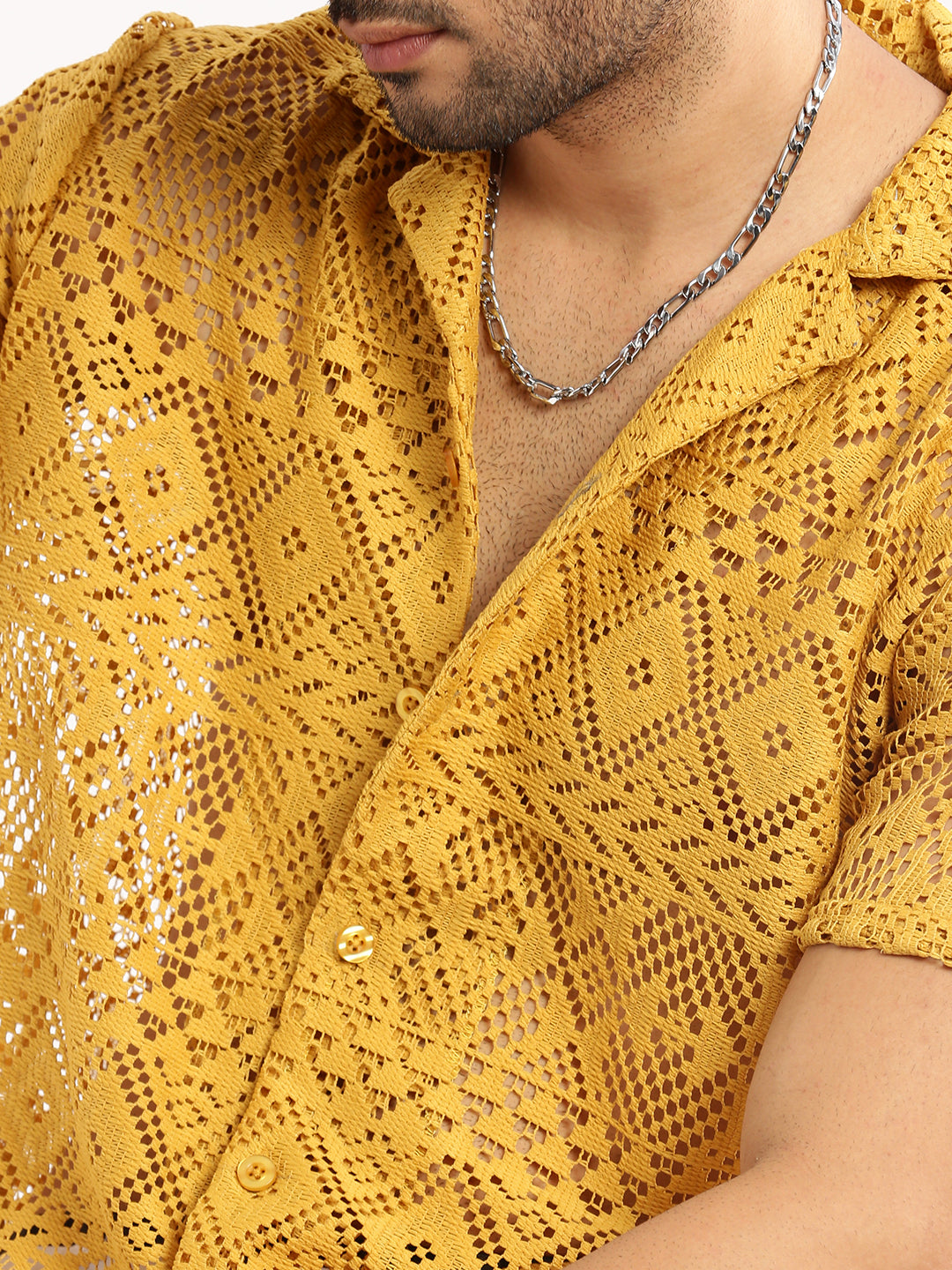 Men's Mustard Cuban Collar Relaxed Fit Sheer Cotton Crochet Shirt