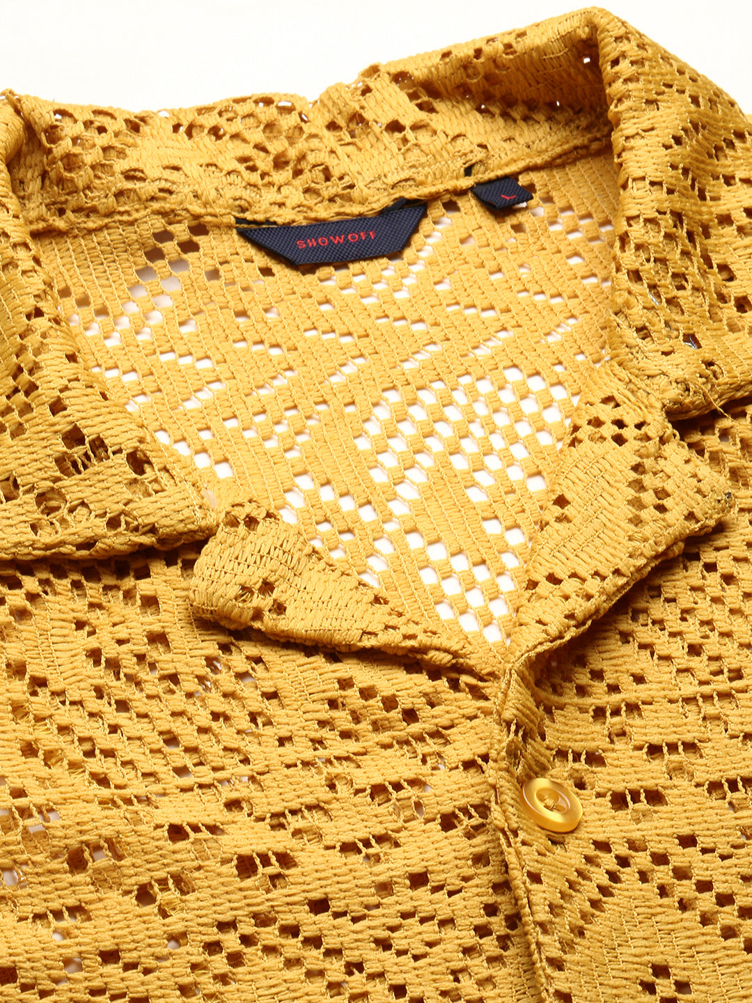 Men's Mustard Cuban Collar Relaxed Fit Sheer Cotton Crochet Shirt