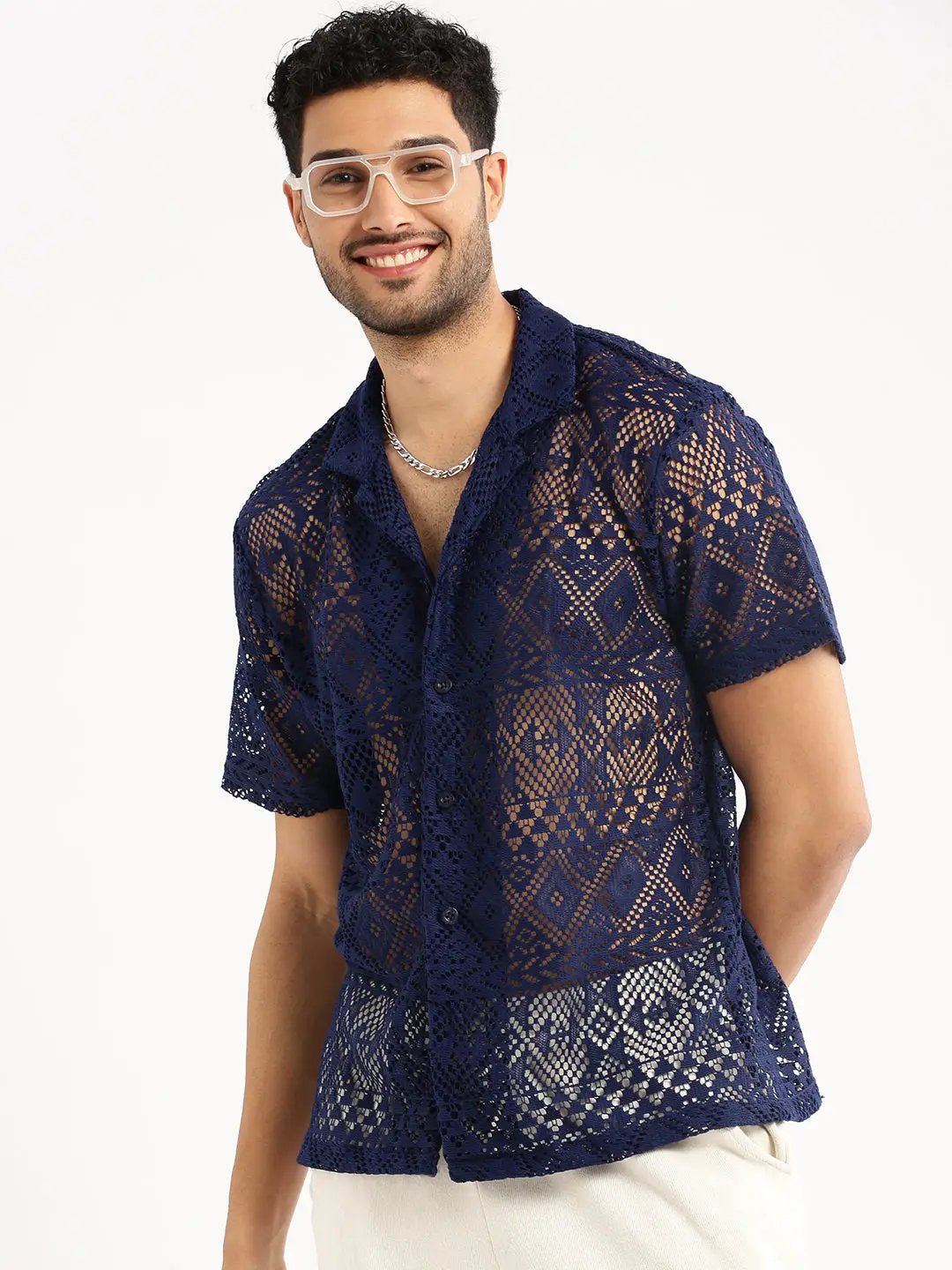 Men's Navy Blue Comfort Relaxed Fit Floral Sheer Cotton Casual Crochet Shirt