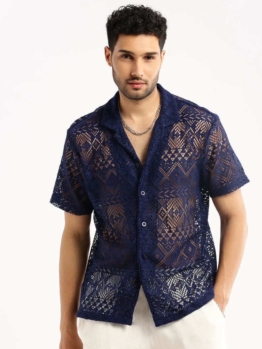 Men's Navy Blue Comfort Relaxed Fit Floral Sheer Cotton Casual Crochet Shirt