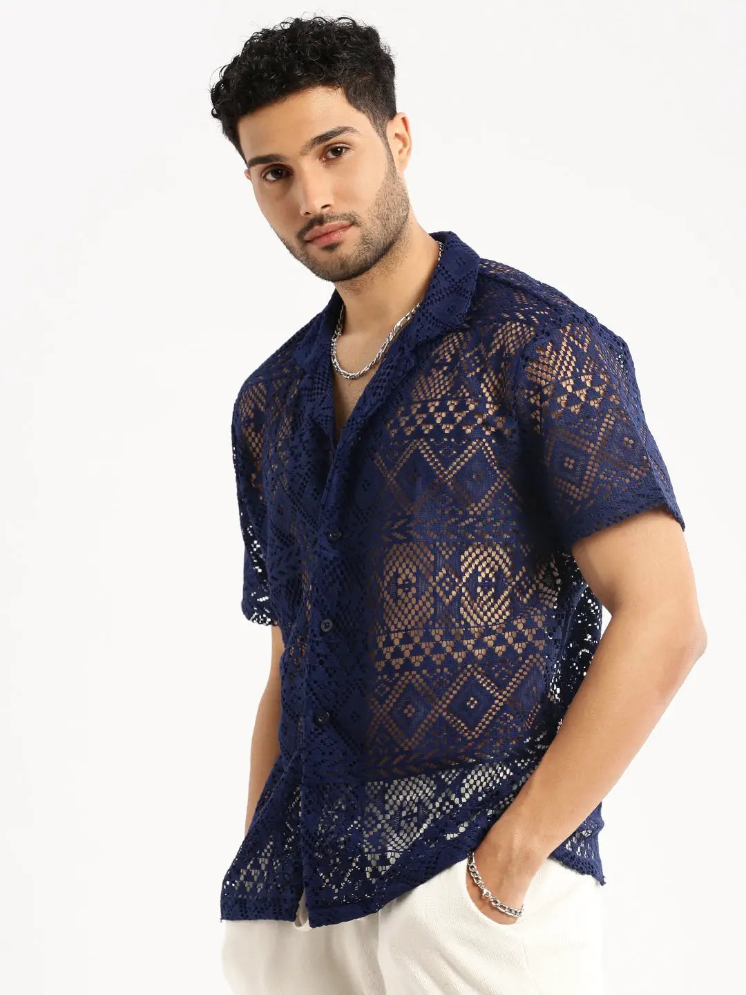 Men's Navy Blue Comfort Relaxed Fit Floral Sheer Cotton Casual Crochet Shirt