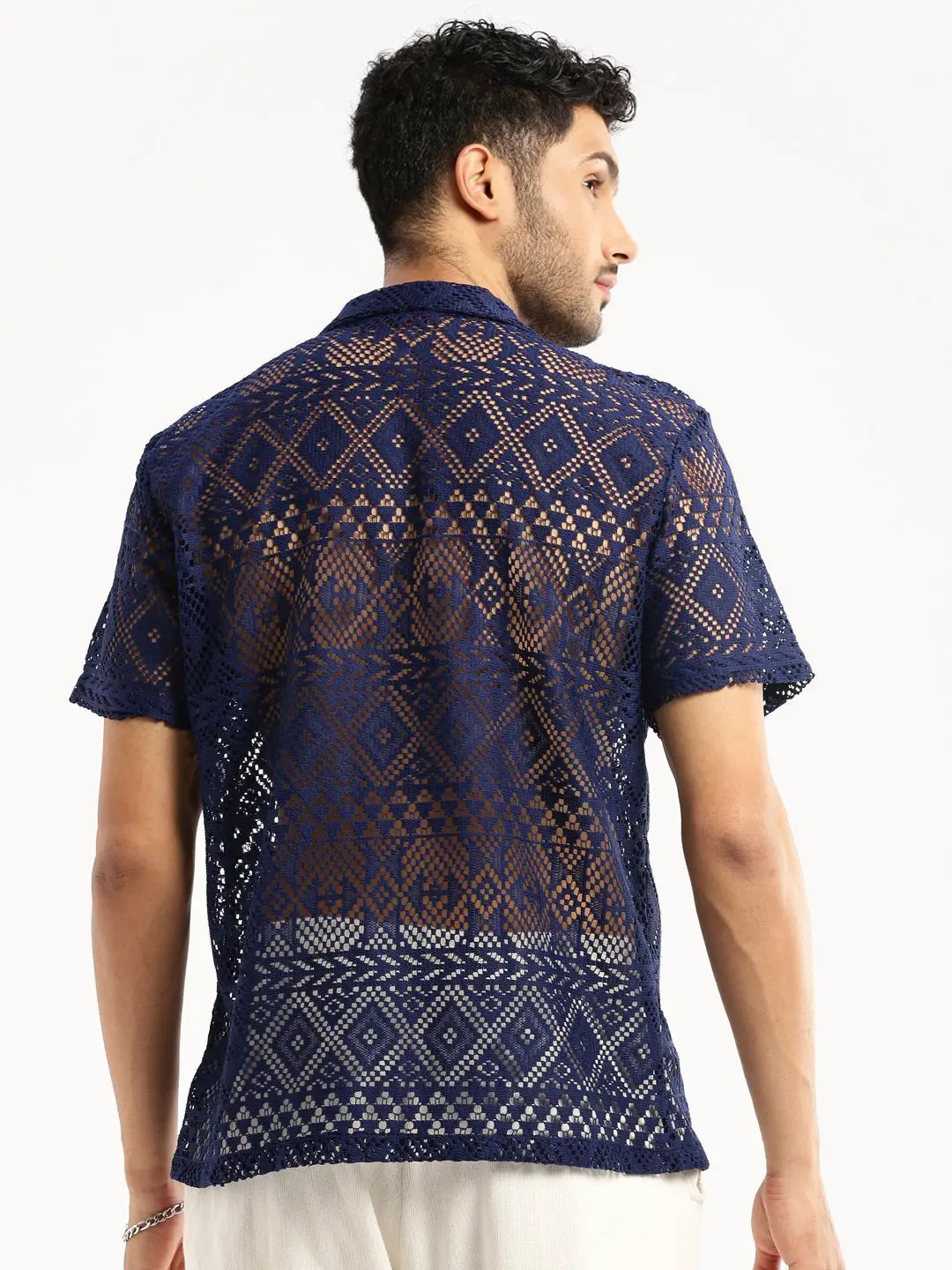 Men's Navy Blue Comfort Relaxed Fit Floral Sheer Cotton Casual Crochet Shirt