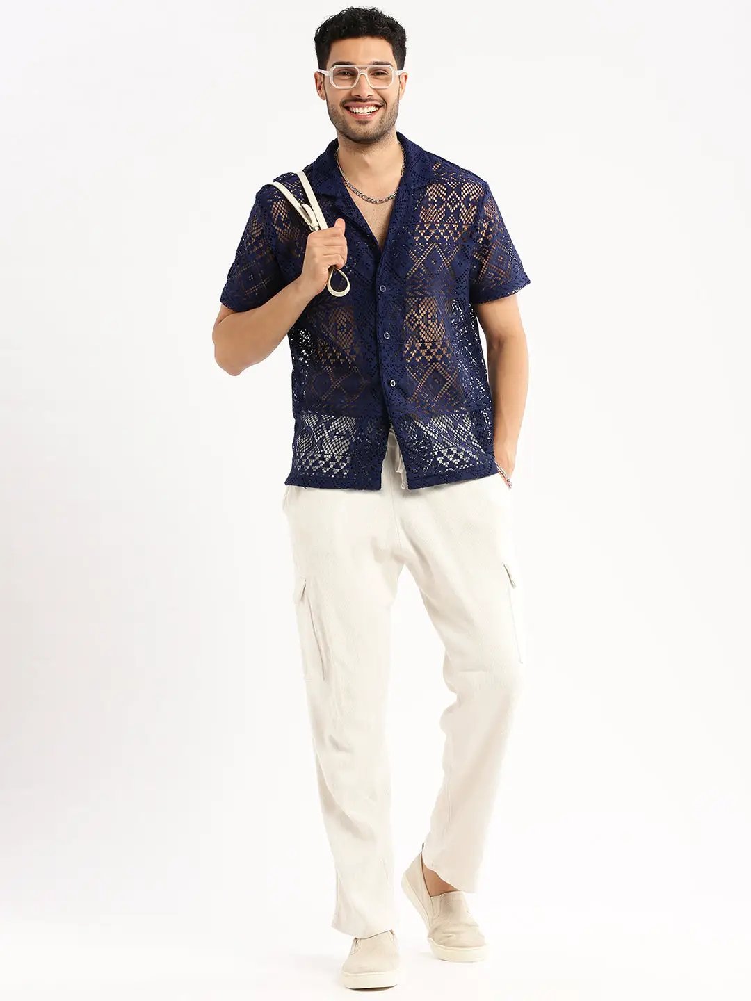 Men's Navy Blue Comfort Relaxed Fit Floral Sheer Cotton Casual Crochet Shirt