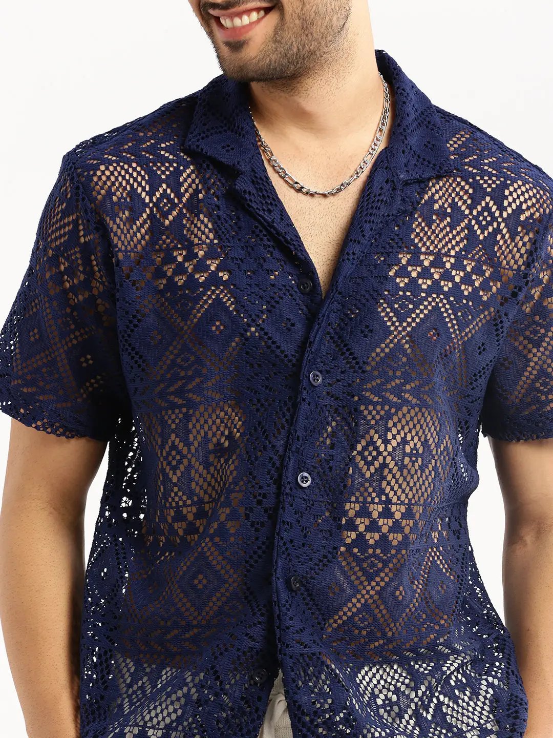 Men's Navy Blue Comfort Relaxed Fit Floral Sheer Cotton Casual Crochet Shirt