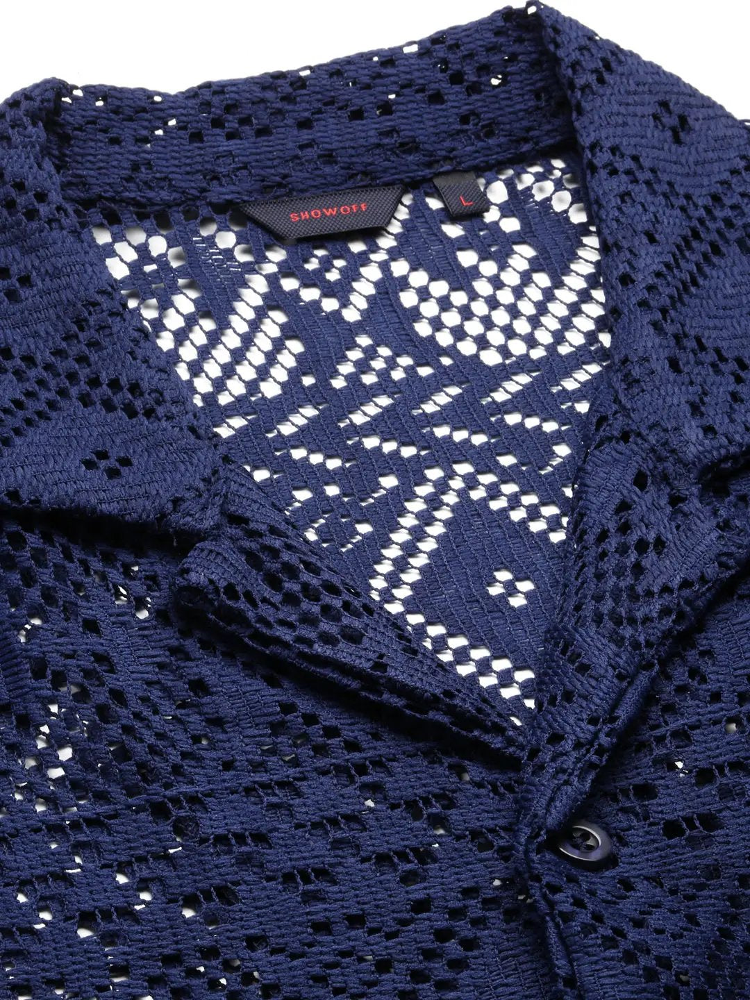 Men's Navy Blue Comfort Relaxed Fit Floral Sheer Cotton Casual Crochet Shirt
