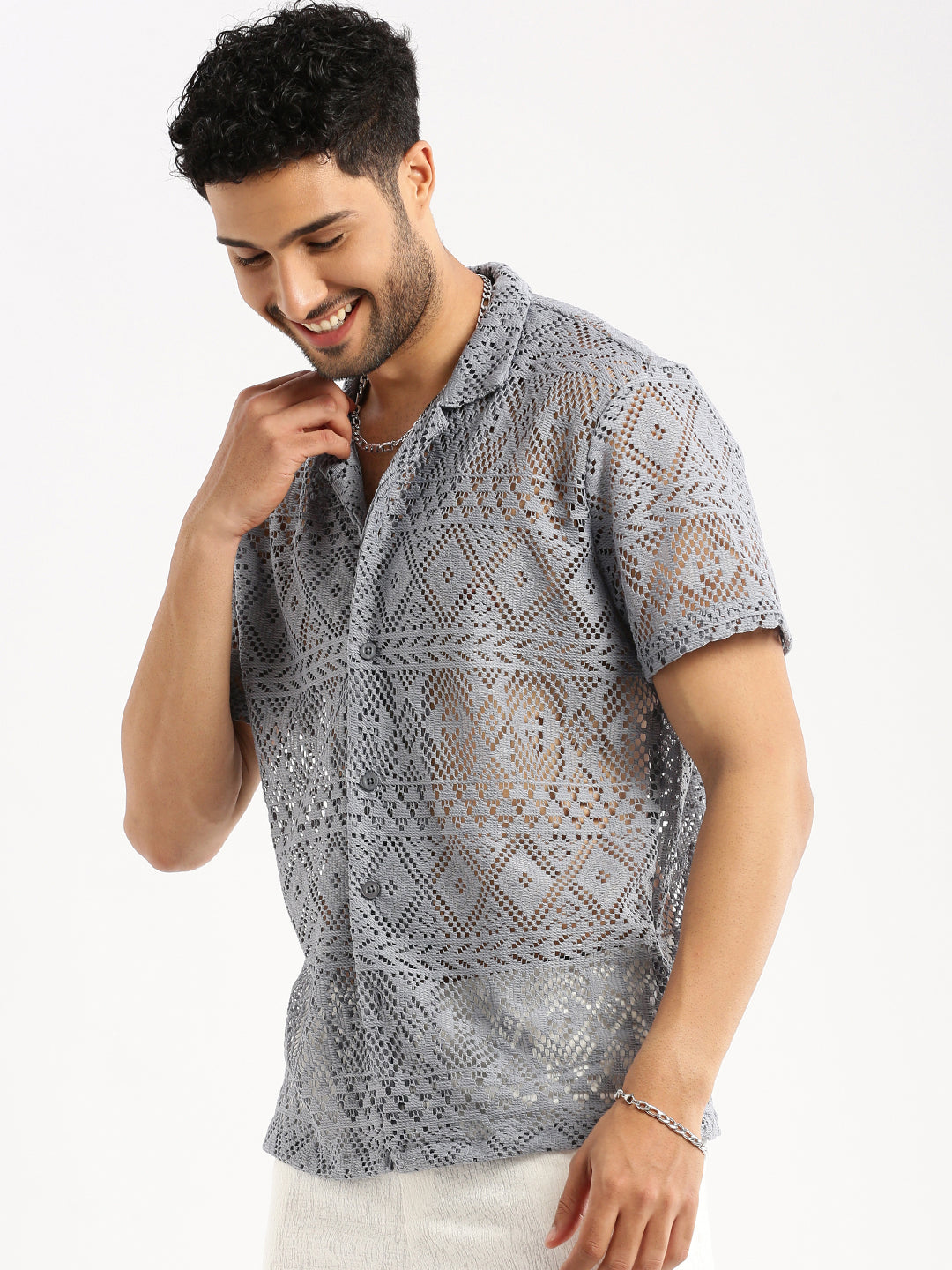 Men's Grey Comfort Relaxed Fit Sheer Cotton Casual Crochet Shirt
