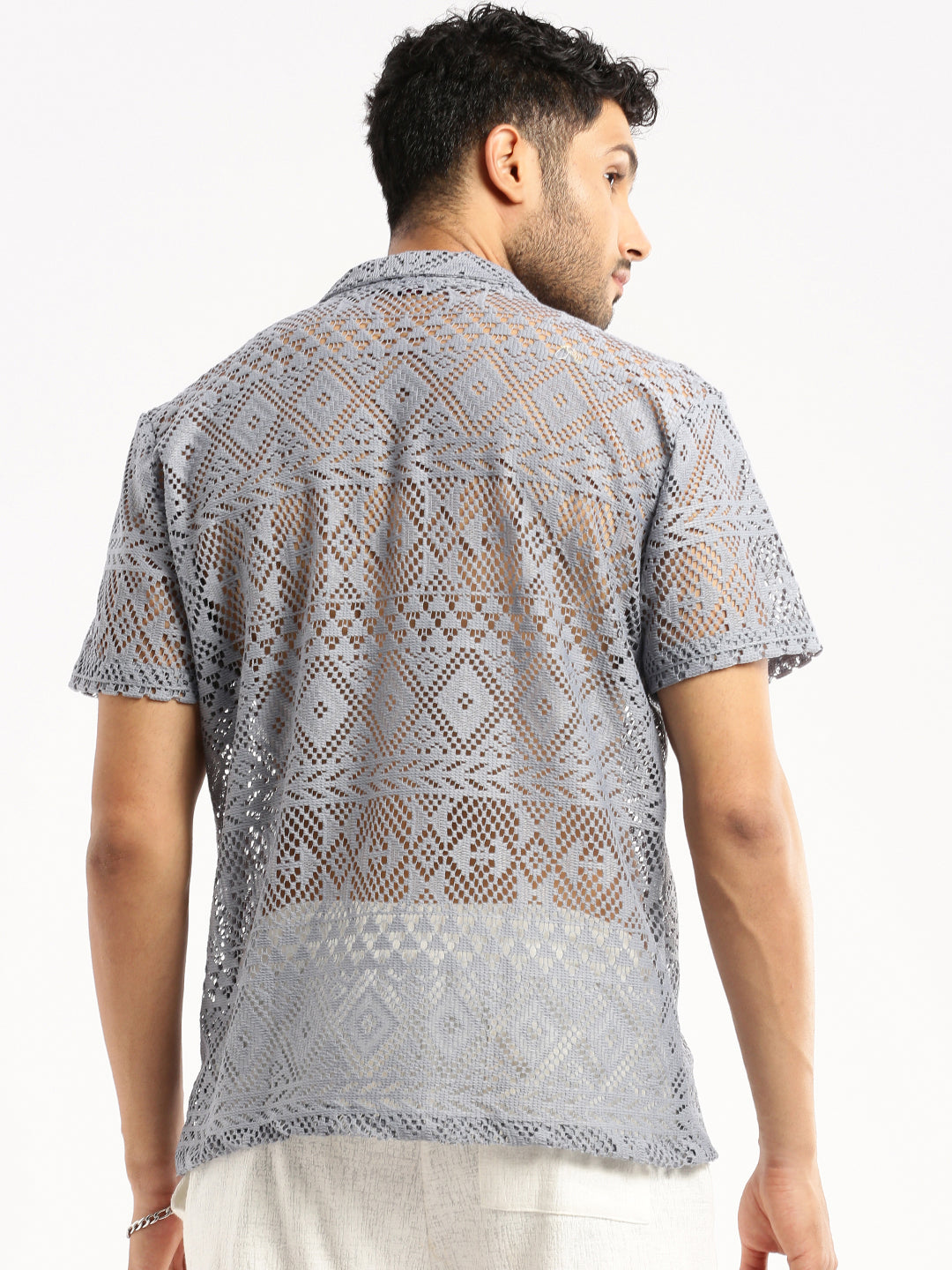 Men's Grey Comfort Relaxed Fit Sheer Cotton Casual Crochet Shirt