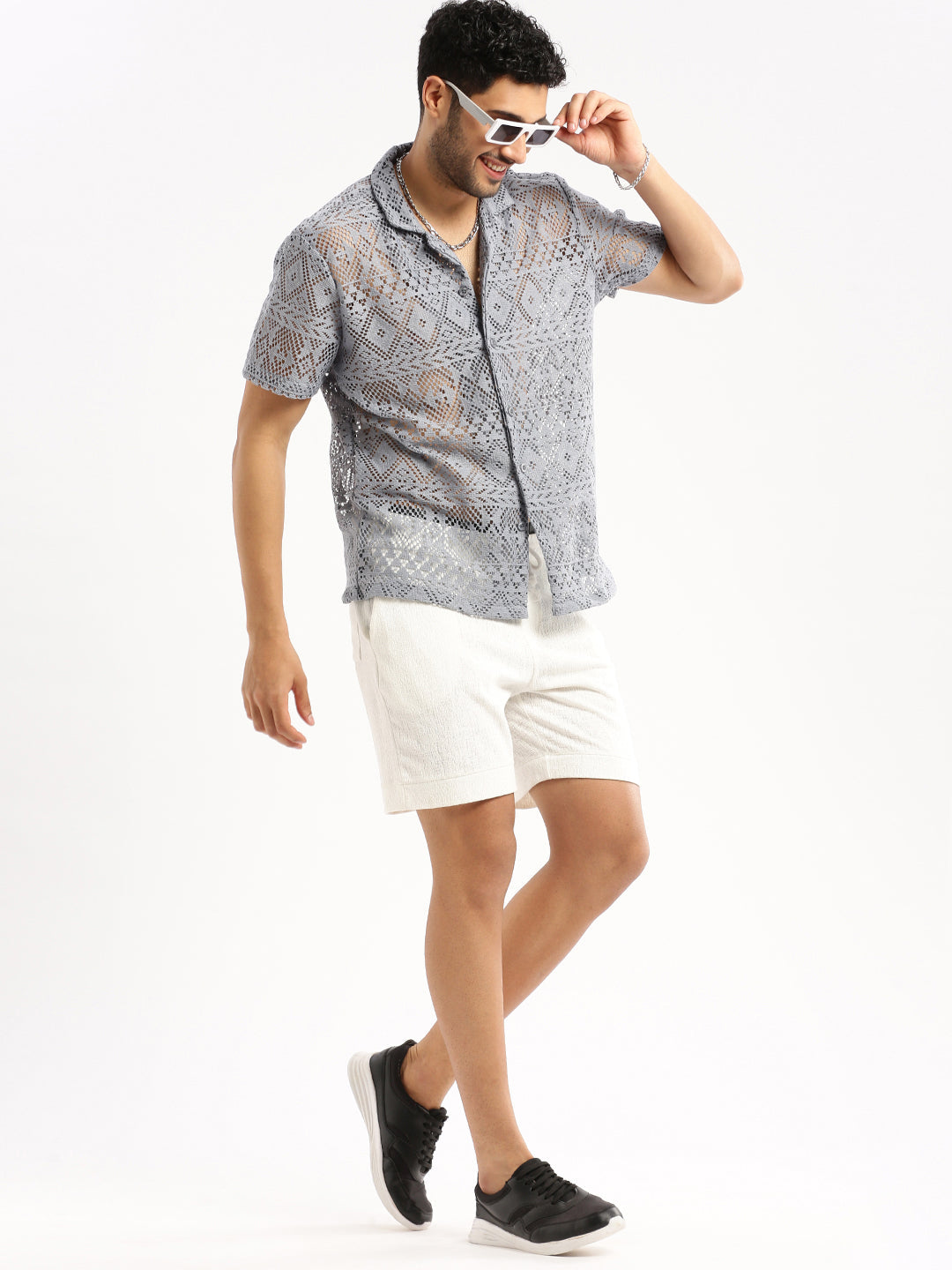 Men's Grey Comfort Relaxed Fit Sheer Cotton Casual Crochet Shirt