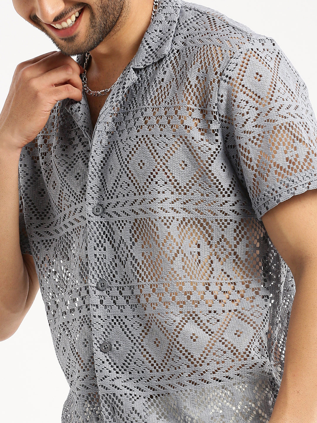 Men's Grey Comfort Relaxed Fit Sheer Cotton Casual Crochet Shirt