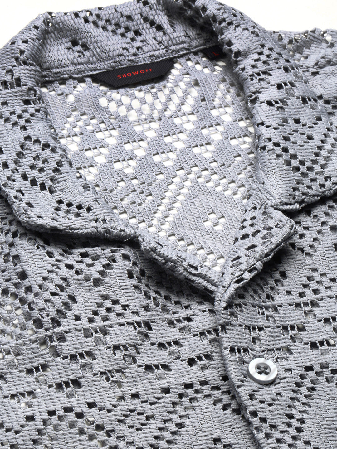 Men's Grey Comfort Relaxed Fit Sheer Cotton Casual Crochet Shirt