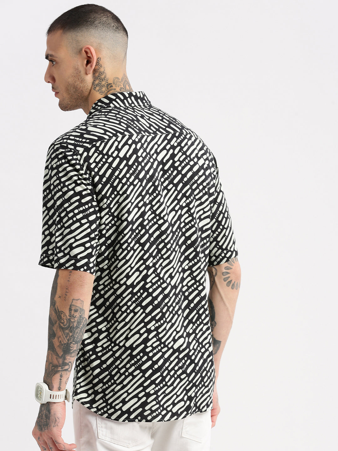 Men's Black Smart Slim Fit Printed Spread Collar Casual Shirt