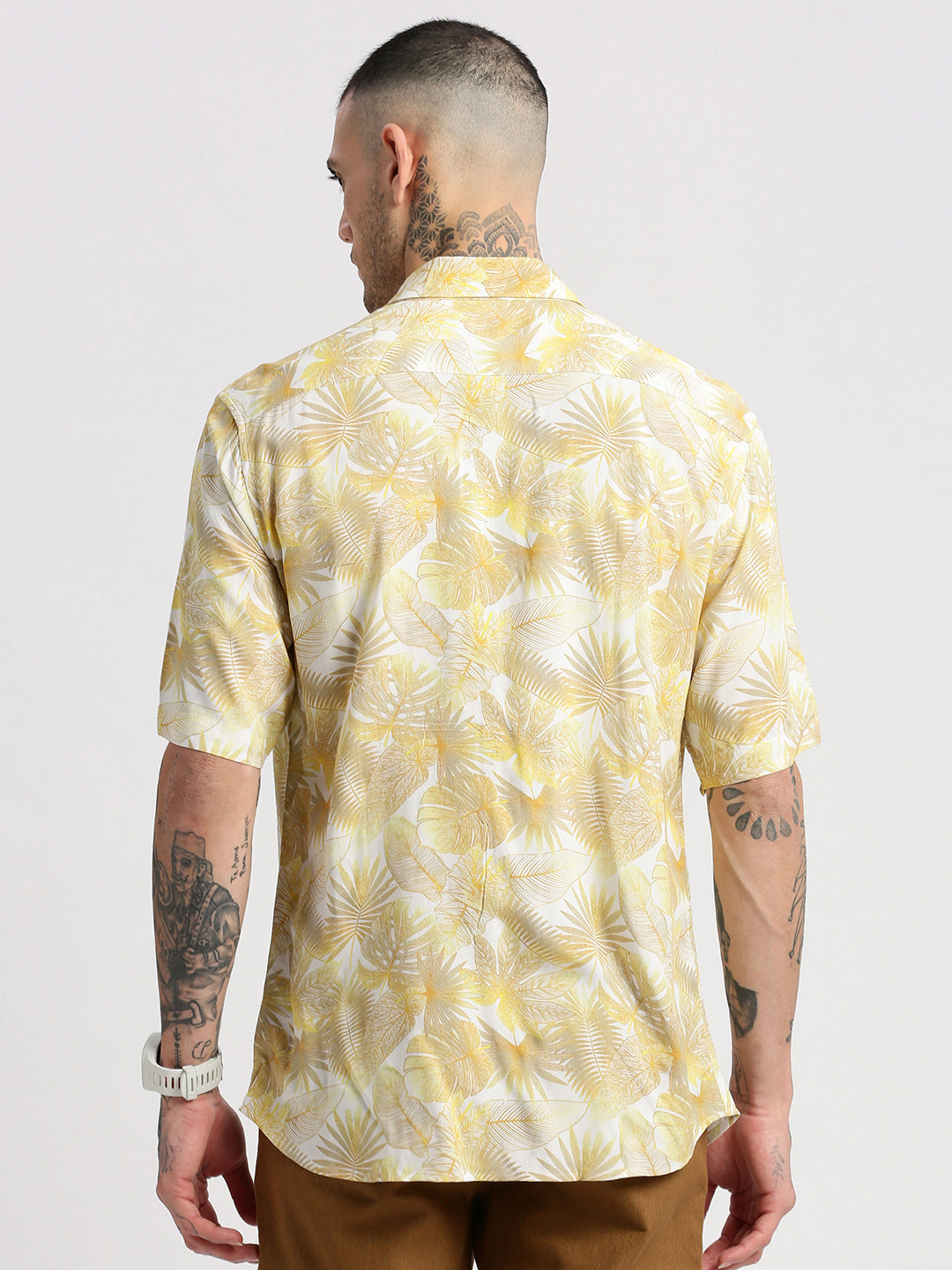 Men's Yellow Smart Slim Fit Floral Printed Cotton Casual Shirt