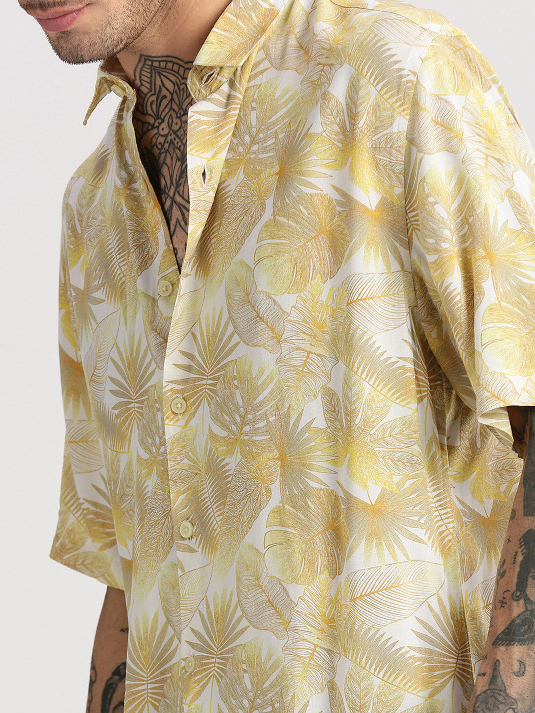 Men's Yellow Smart Slim Fit Floral Printed Cotton Casual Shirt