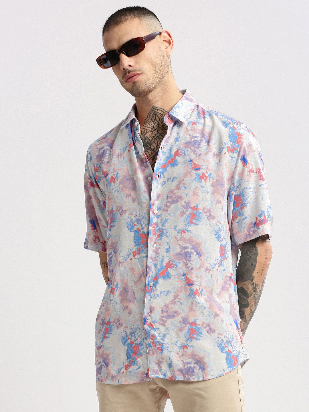 Men's Blue Smart Slim Fit Abstract Printed Spread Collar Cotton Casual Shirt