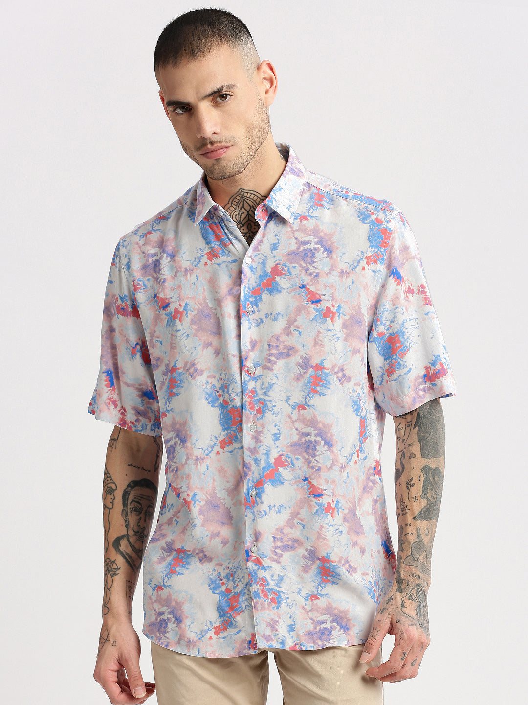 Men's Blue Smart Slim Fit Abstract Printed Spread Collar Cotton Casual Shirt