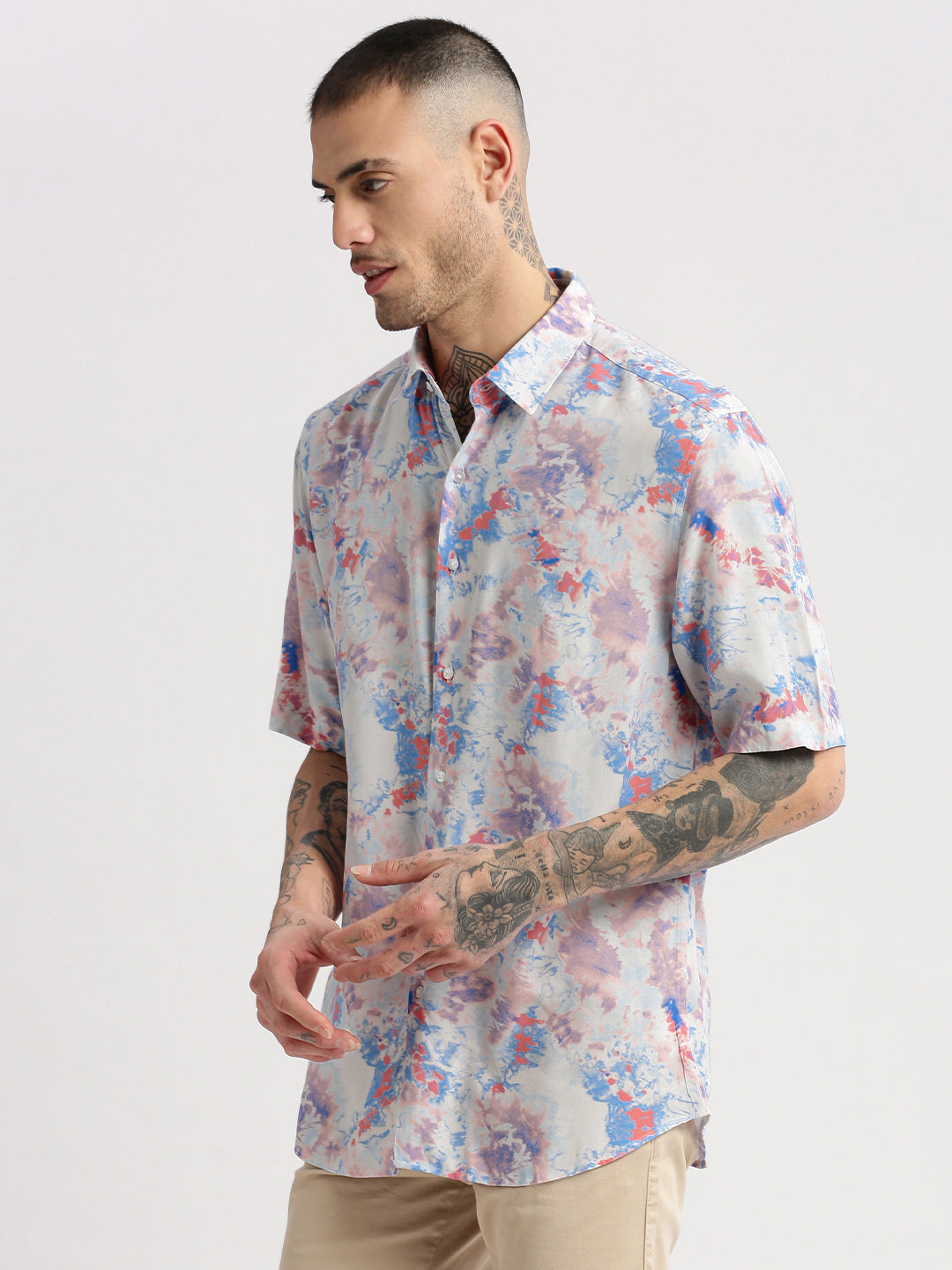 Men's Blue Smart Slim Fit Abstract Printed Spread Collar Cotton Casual Shirt