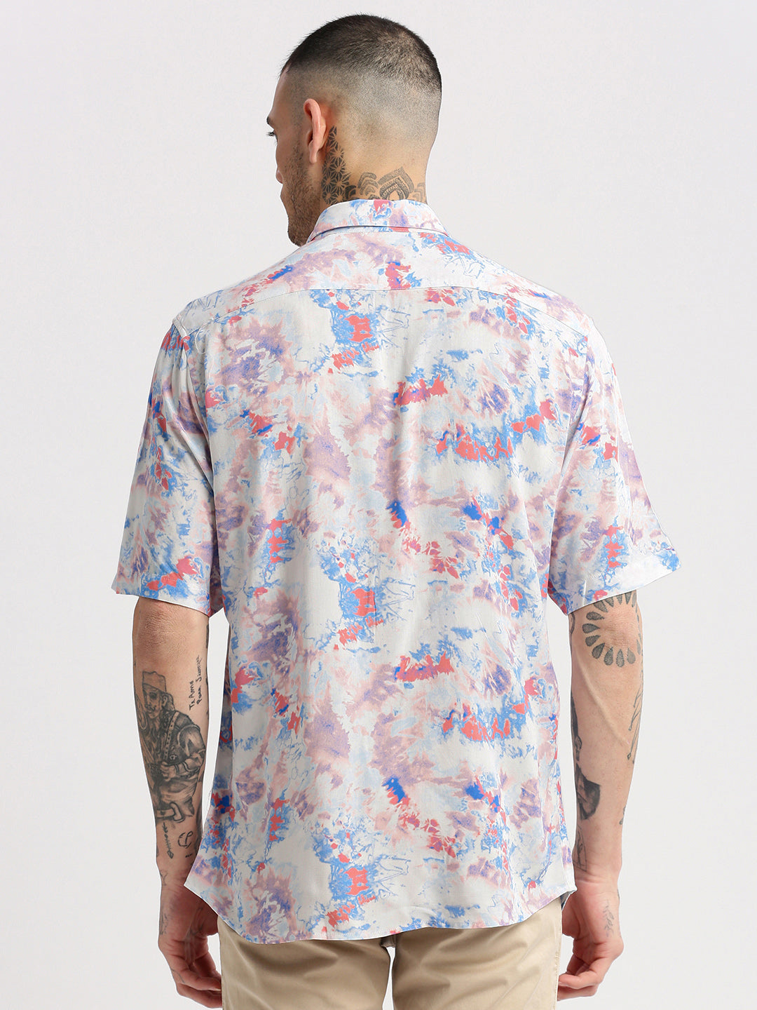 Men's Blue Smart Slim Fit Abstract Printed Spread Collar Cotton Casual Shirt