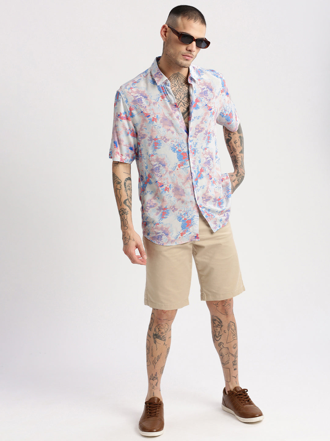 Men's Blue Smart Slim Fit Abstract Printed Spread Collar Cotton Casual Shirt