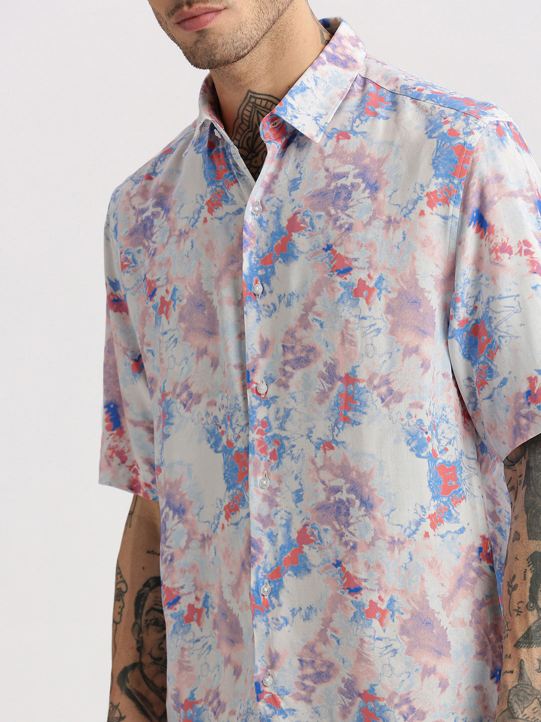 Men's Blue Smart Slim Fit Abstract Printed Spread Collar Cotton Casual Shirt