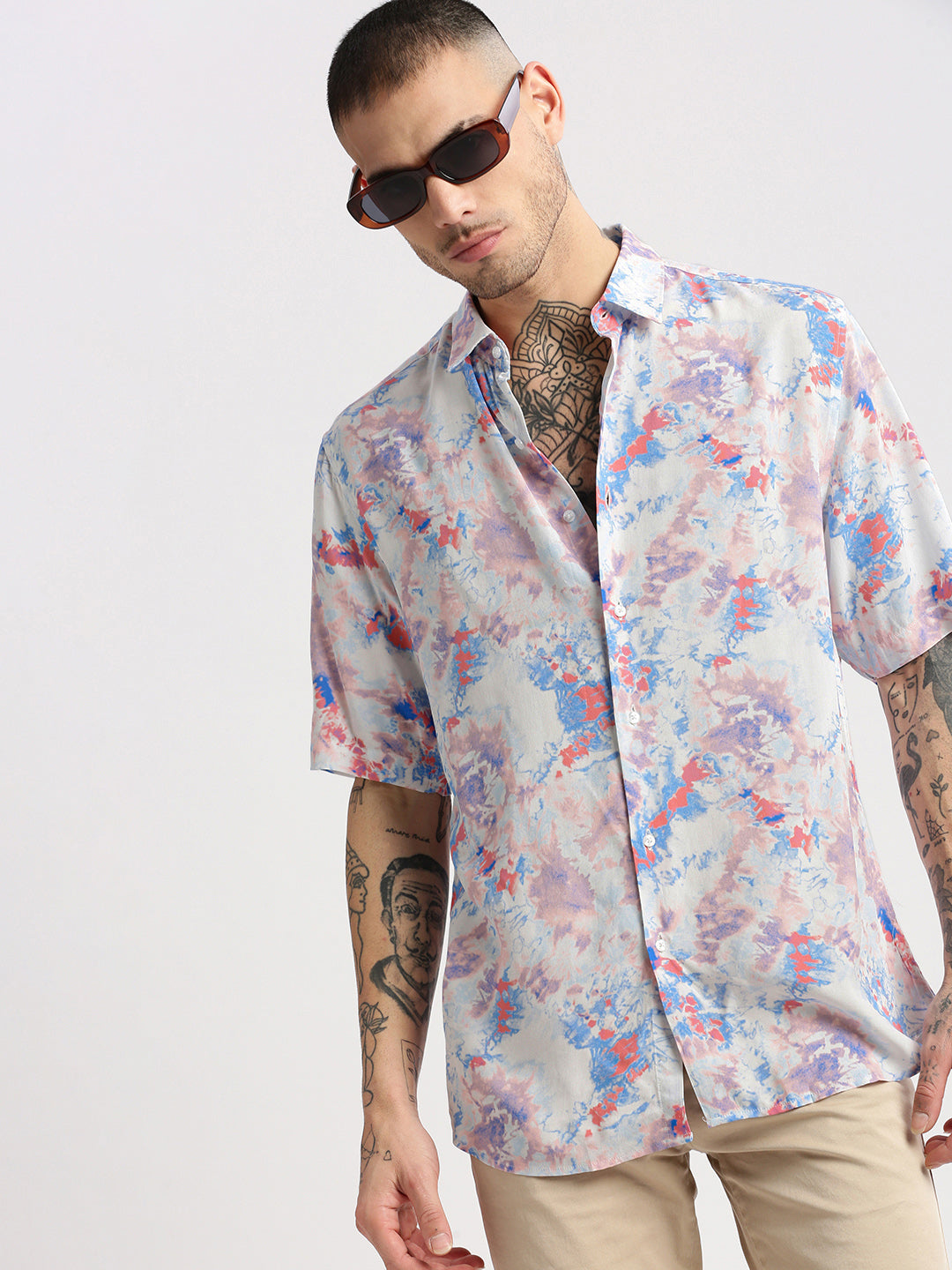 Men's Blue Smart Slim Fit Abstract Printed Spread Collar Cotton Casual Shirt