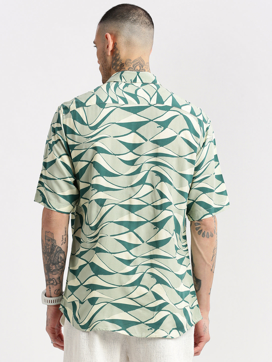 Men's Green Smart Slim Fit Abstract Printed Spread Collar Cotton Casual Shirt