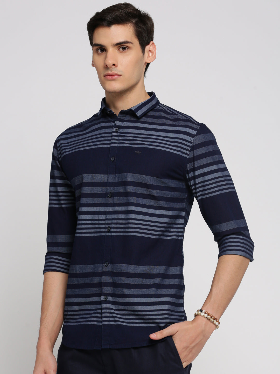 Men Navy Blue Spread Collar Horizontal Stripes Shirt