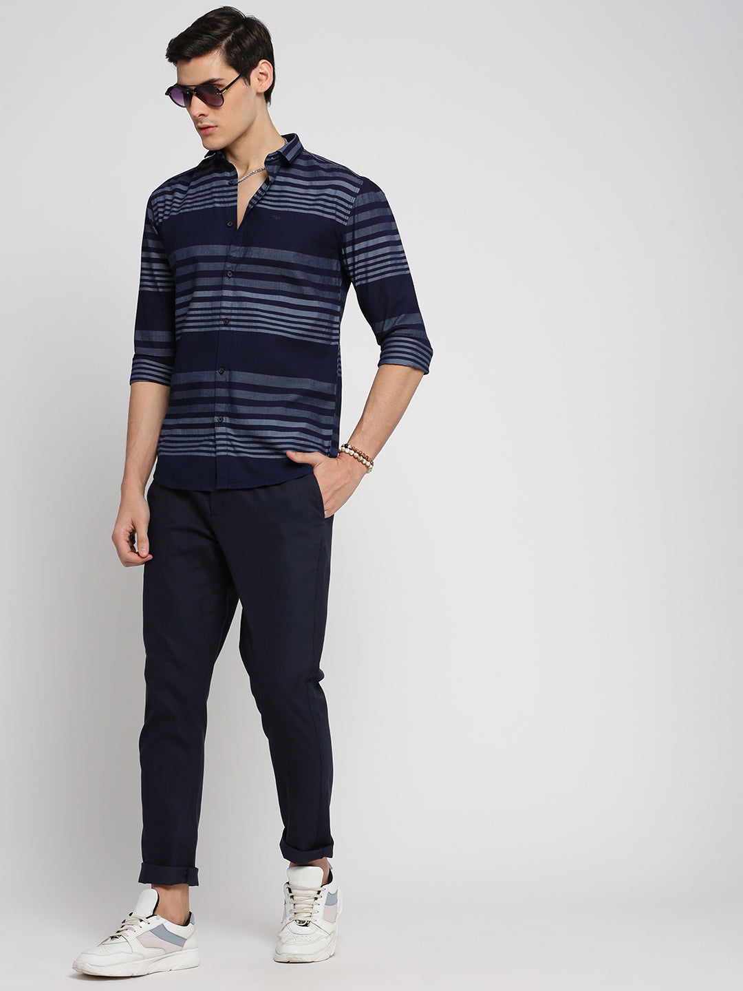 Men Navy Blue Spread Collar Horizontal Stripes Shirt