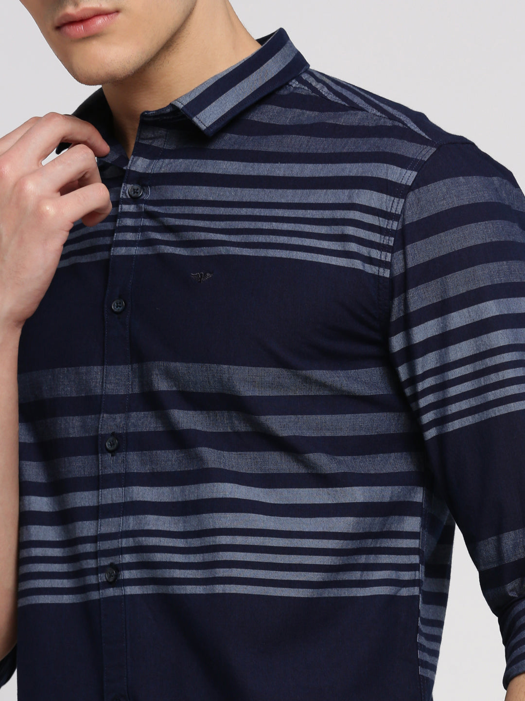 Men Navy Blue Spread Collar Horizontal Stripes Shirt