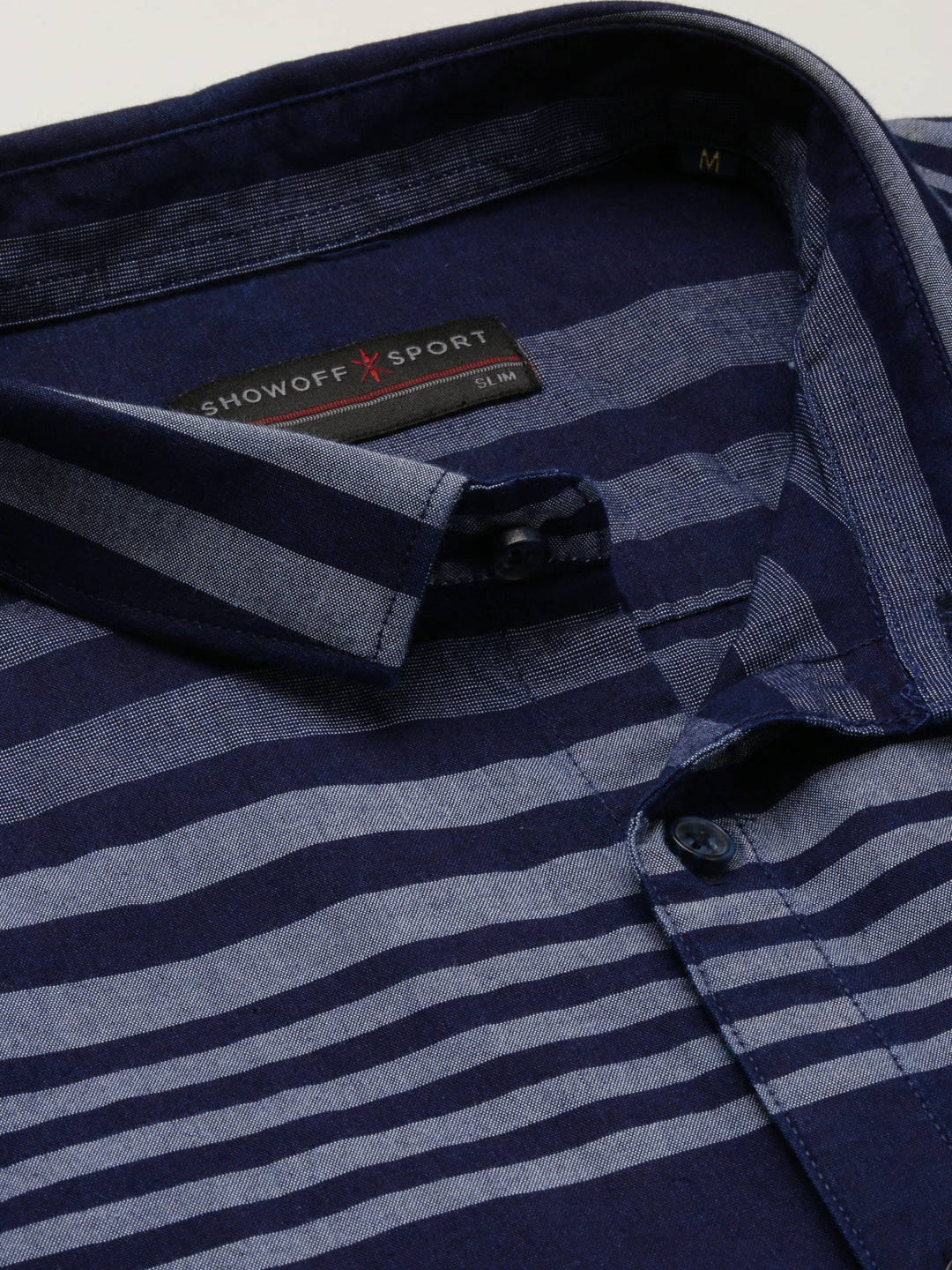 Men Navy Blue Spread Collar Horizontal Stripes Shirt