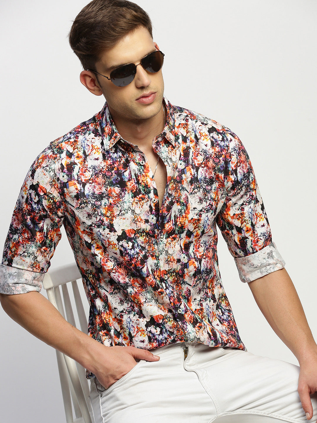 Men White Floral Shirt