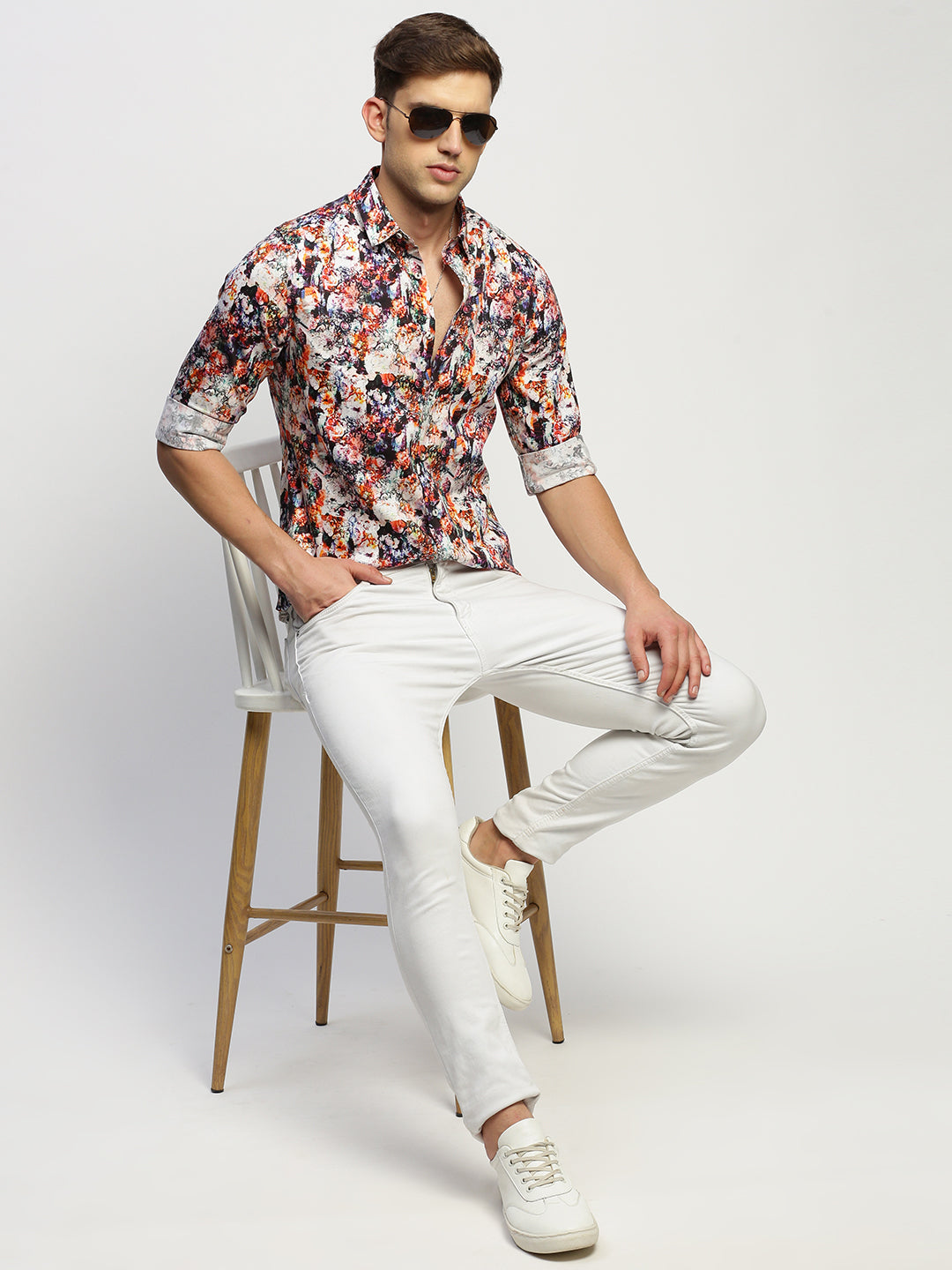 Men White Floral Shirt